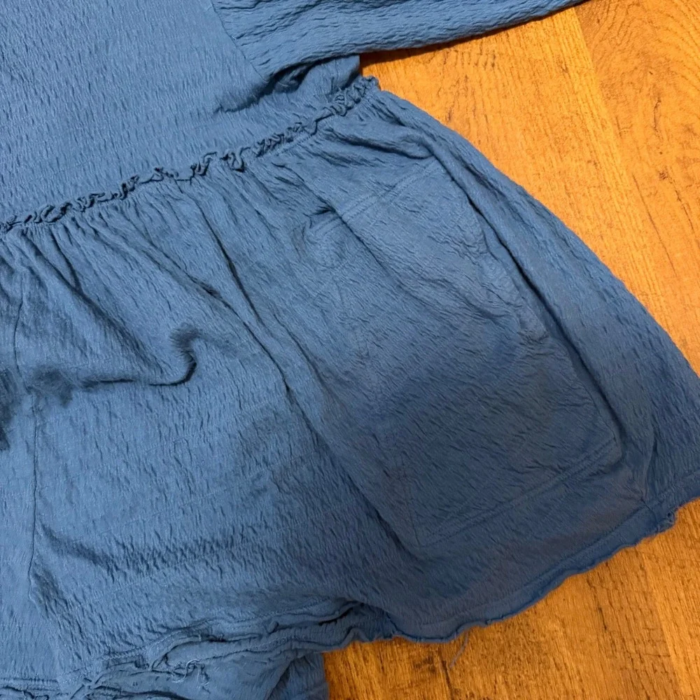Free People FP Beach Peplum Top Womens L Blue Puff Sleeve Gauze Boho Chic Blouse